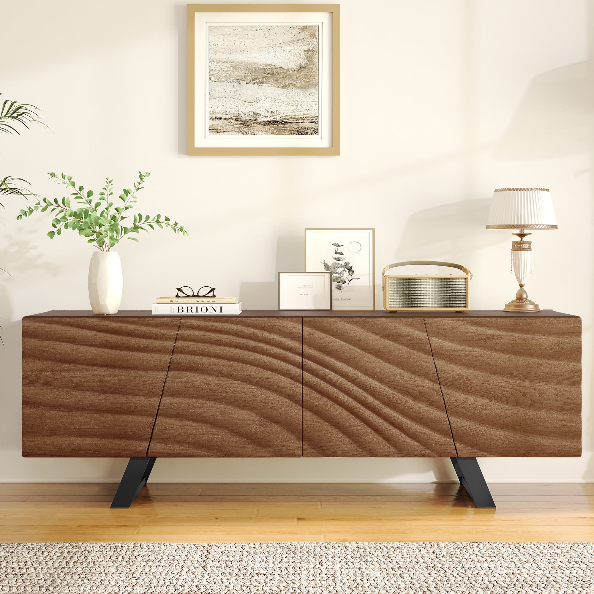 Dextrus Television Stand with Storage Cabinet, Wood Walnut, 68.90 x 20.08 x 5.63 Inches, 97 lb