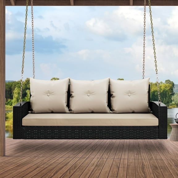 Dextrus Three-Seater Outdoor Hanging Porch Swing Chair - Black Rattan Patio Swing Wicker - Lounge with 3 Back Cushions - Ideal for Garden, Balcony, Deck