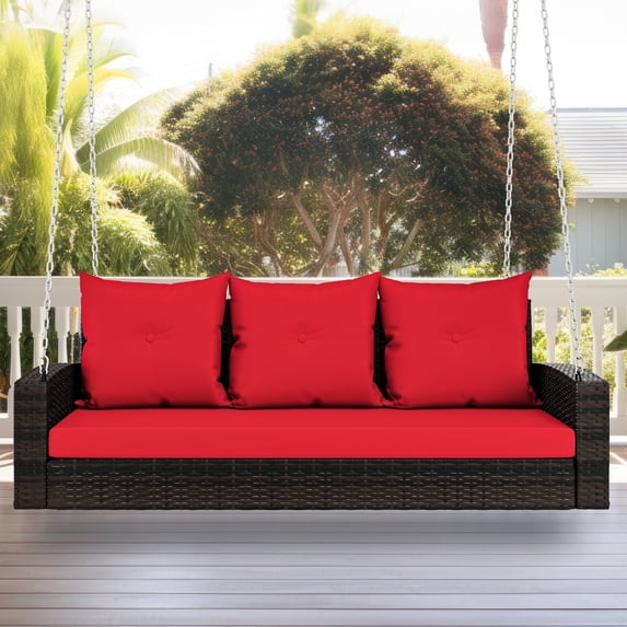 Dextrus Three-Seater Outdoor Hanging Porch Swing Chair - Brown Rattan Patio Swing Wicker - Lounge with 3 Back Cushions - Ideal for Garden, Balcony, Deck