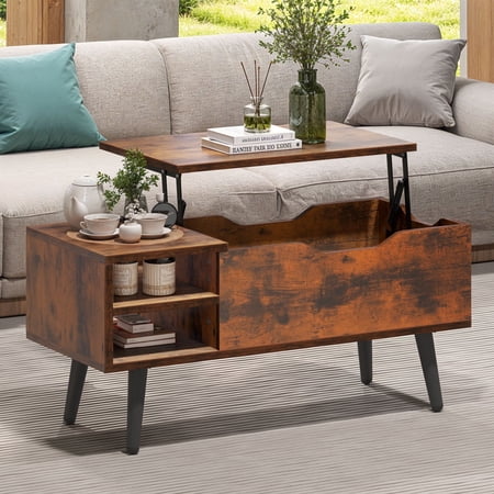 Dextrus Tiger Wood 80x40cm Spring-Lift Coffee Table, Black Plastic Legs, Adjustable Height