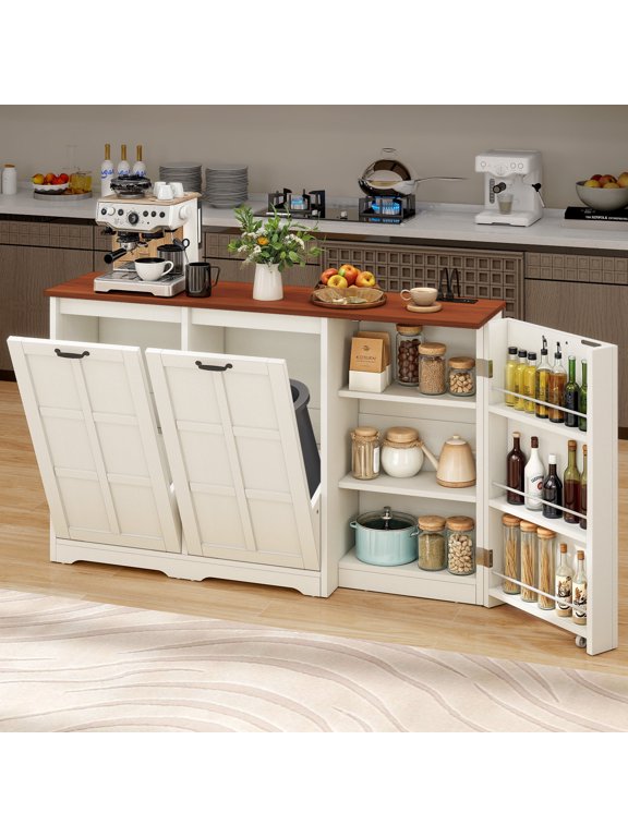 Tilt Out Storage Cabinet for Double 13-gal Trash Bins, Kitchen Cabinet with Shelves & Doors, White
