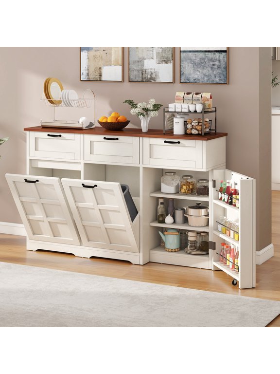 Tilt Out Trash Can Cabinet with Drawers & Doors, Kitchen Cabinet for Double 10-gal Trash Bins Storage, White