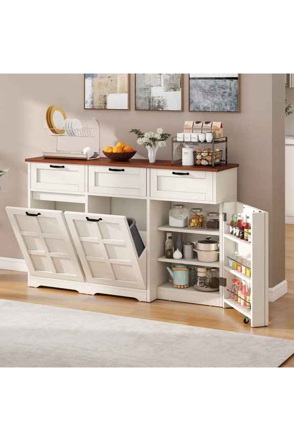 Tilt Out Trash Can Cabinet with Drawers & Doors, Kitchen Cabinet for Double 10-gal Trash Bins Storage, White