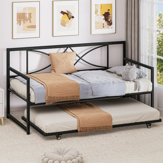Dextrus Twin Daybed with Pull-Out Trundle and Adjustable Height for bedrooms, Black Metal Day Bed.