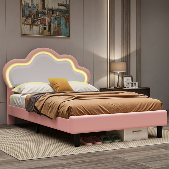 Dextrus Twin LED Bed Frame, Adjustable Cloud Headboard, PU Leather Upholstery, Wood Slats, No Box Spring Required, Pink