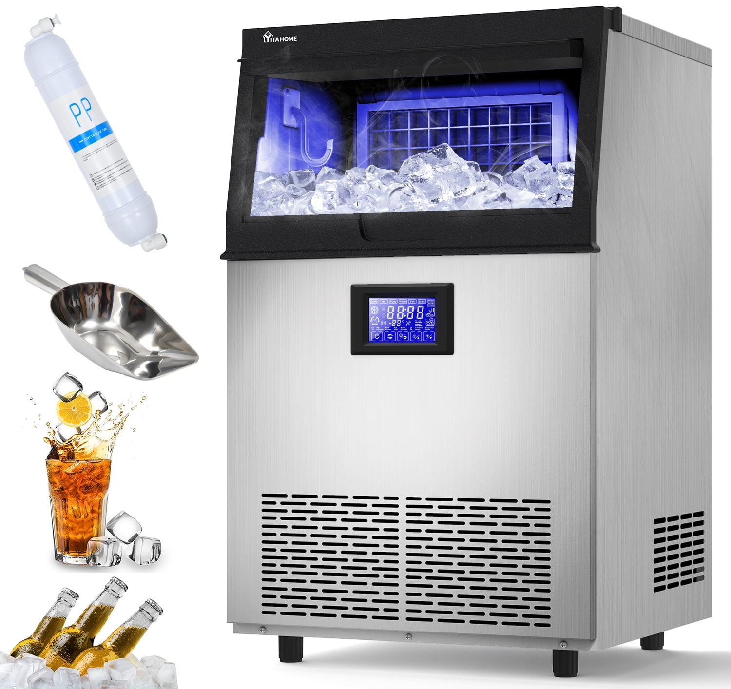 Dextrus Upgraded Commercial Ice Machine, 132LBS/24H Ice Maker with 33LBS Storage Bin, LCD Panel with Blue Light & Stainless Steel Scoop for Restaurant, Home, Bars, Coffee Shop(50PCS)