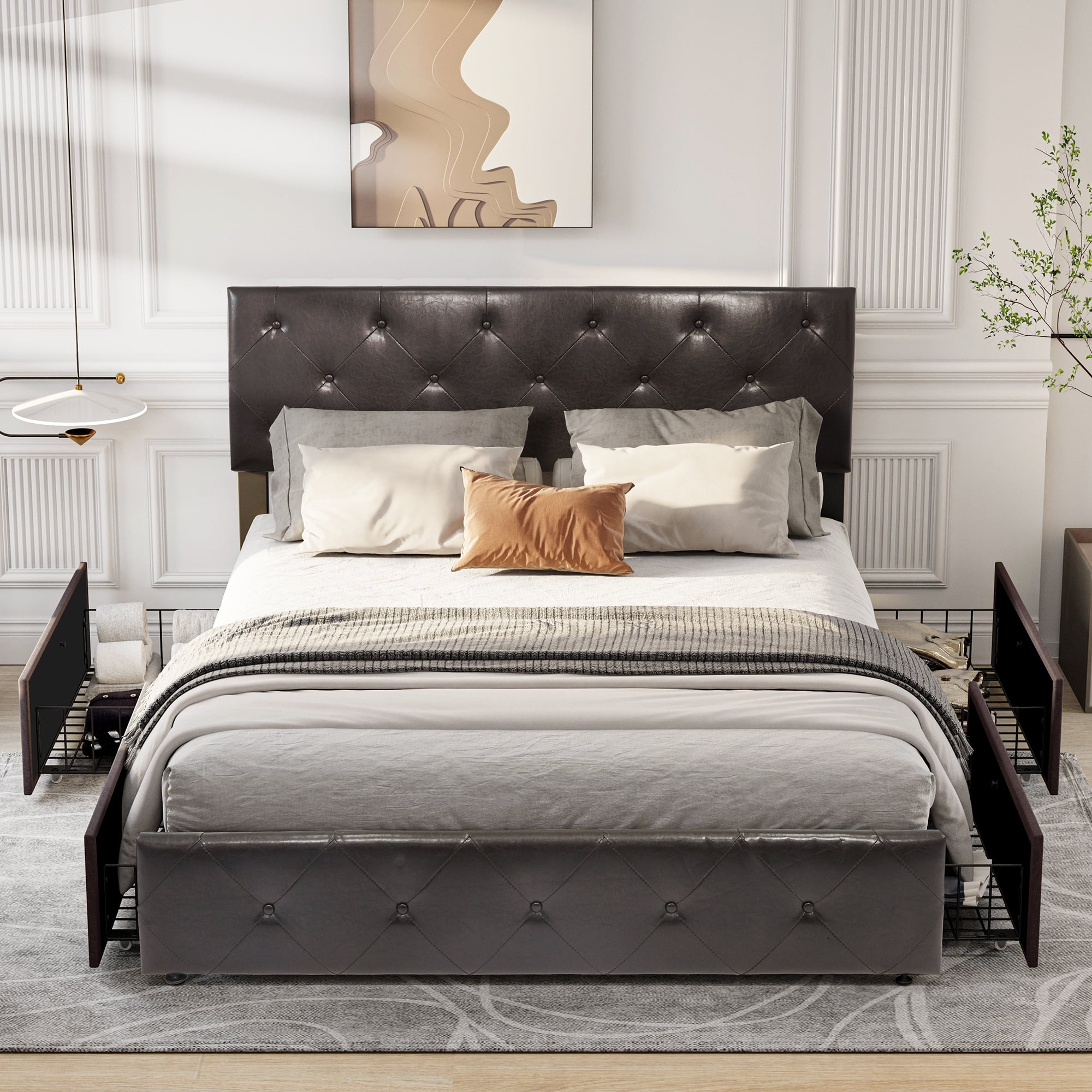 Dextrus Upholstered Bed Frame with 4 Storage Drawers and Adjustable