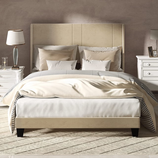 Dextrus Queen Beige Velvet Upholstered Platform Bed Frame with Wingback, Strong Wood Slats, No ...