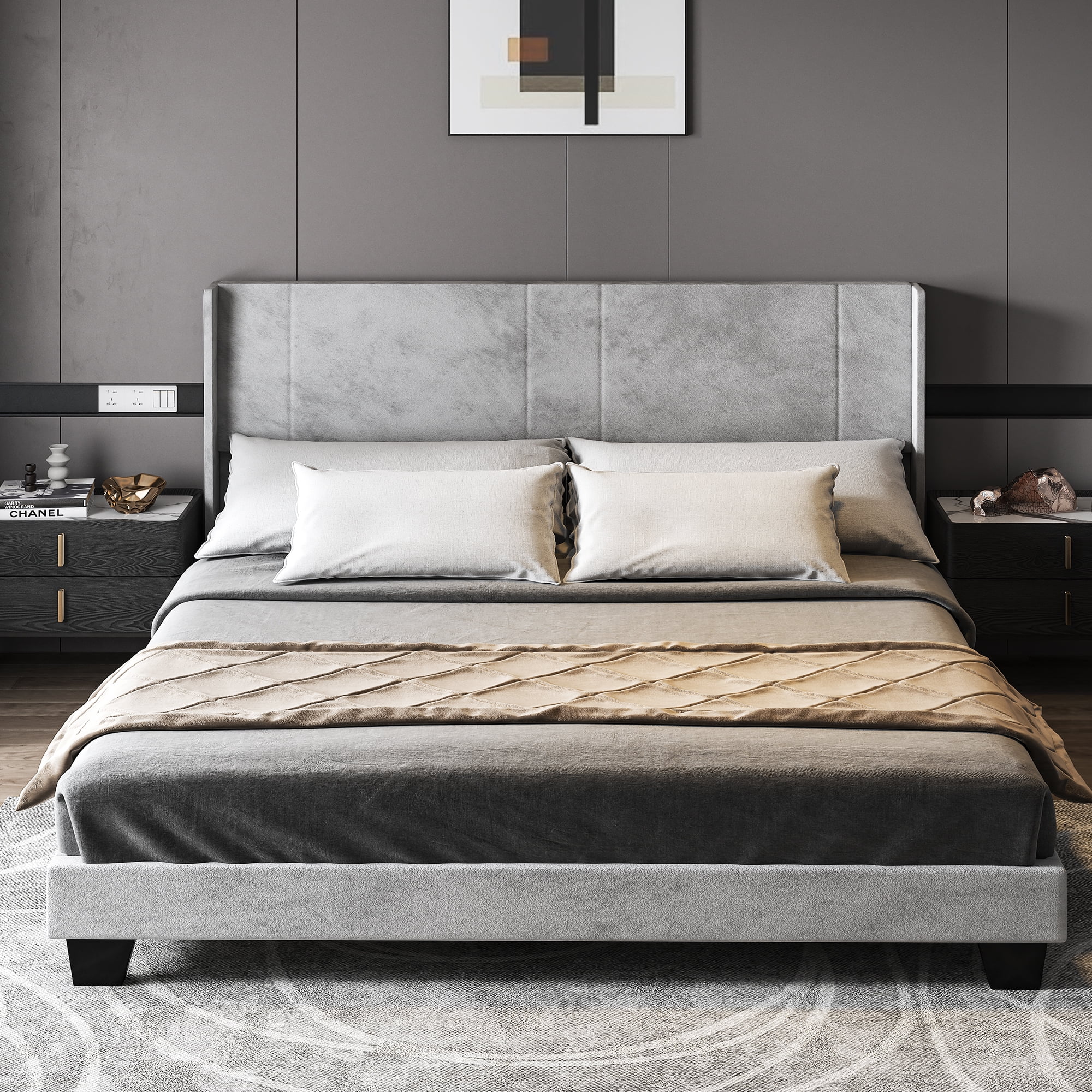 Dextrus Upholstered Bed Frame, Platform Bed Base with Gray Velvet Headboard and Wingback, Strong ...
