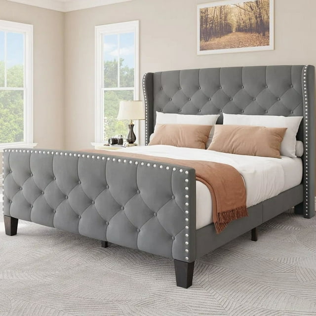 Free Shipping! Dextrus Upholstered Bed Frame Queen Size with Velvet Headboard & Footboard No Box ...