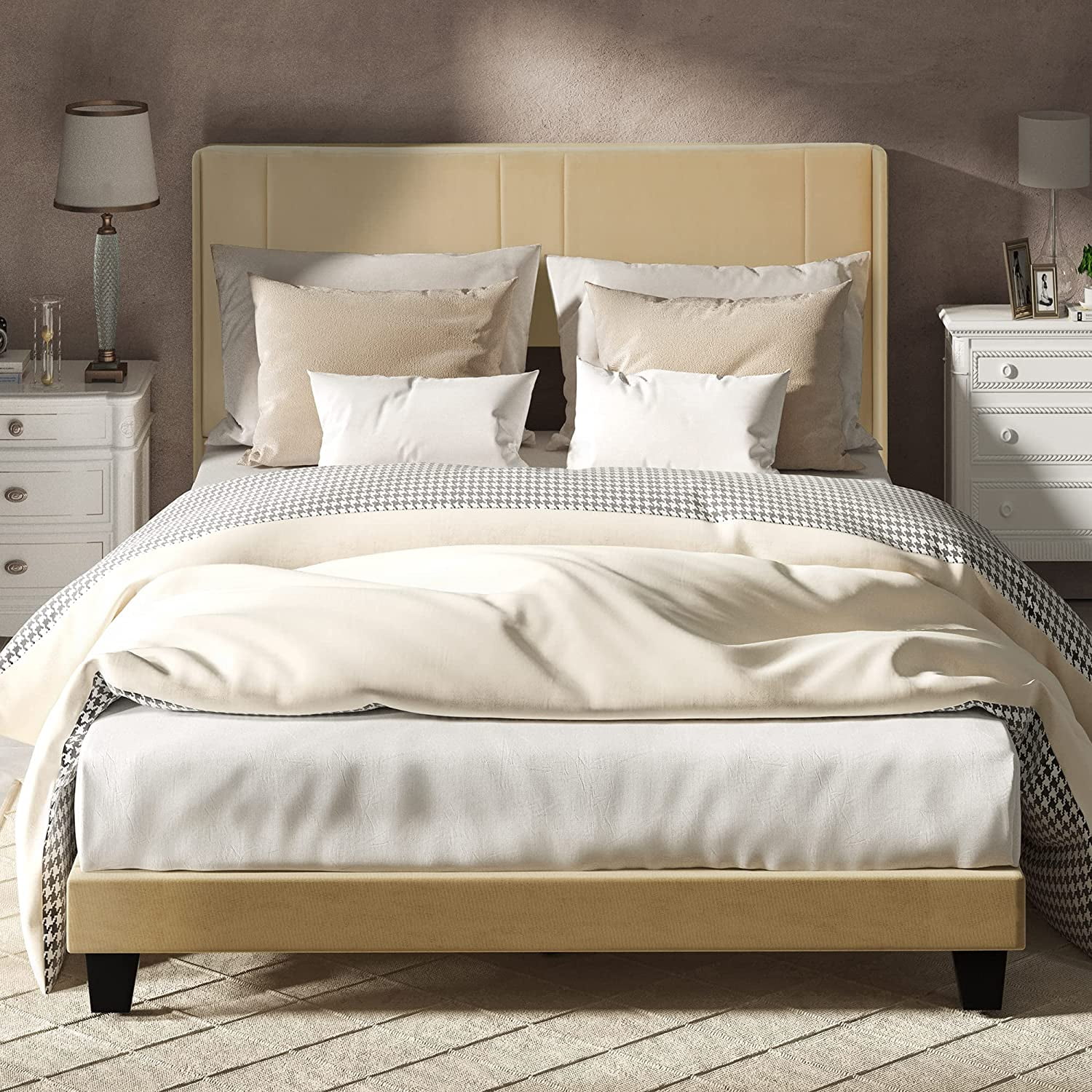 Dextrus Upholstered Bed Frame with Beige Velvet Headboard and Wingback, No Box Spring Needed, Beige