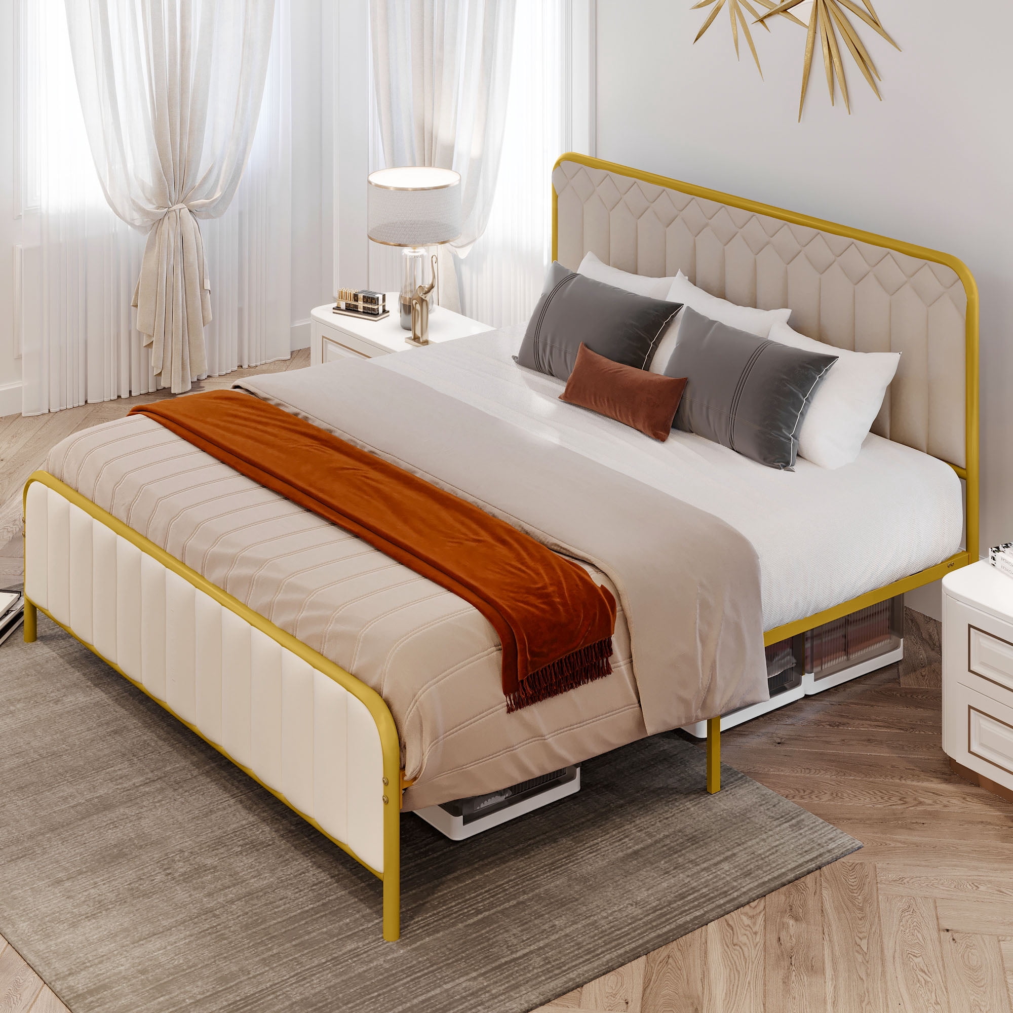 Dextrus Upholstered King Size Platform Bed Frame with Headboard, Wooden Slats Mattress Foundation with Soundproof Cotton, No Box Spring Needed, Beige