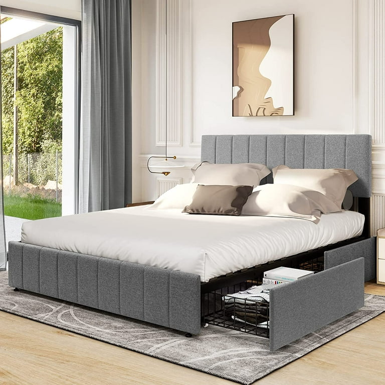  Queen Bed Frame with 4 Storage Drawers, Upholstered