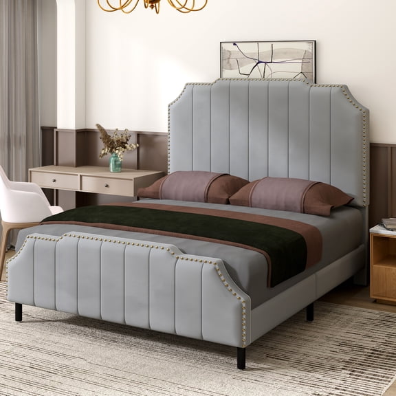 Dextrus Upholstered Queen Bed Frame, Easy Assembly Platform Bed with 61.4'' Headboard and Wooden Slats, No Box Spring Required (Gray)