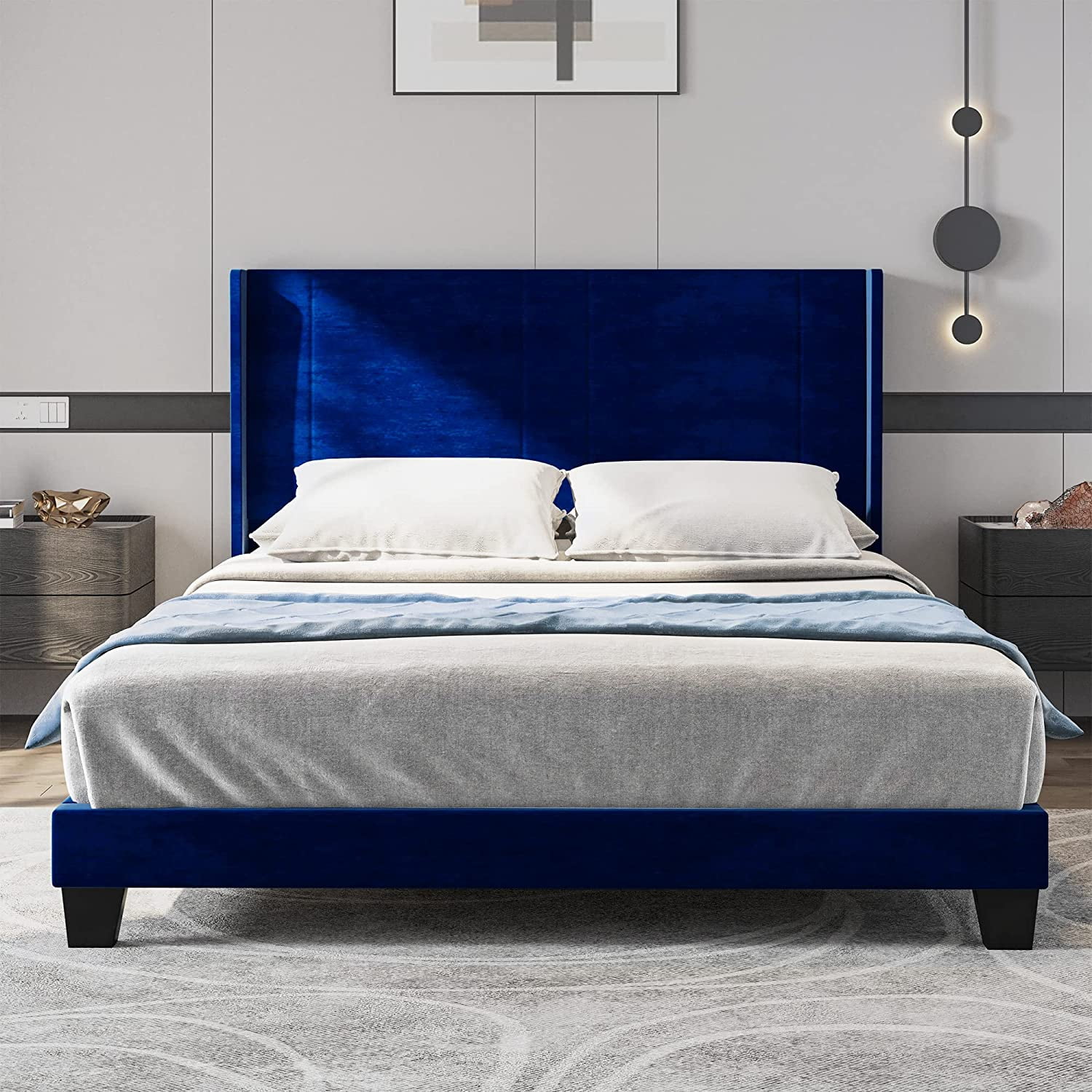 Dextrus Upholstered Wingback Platform Bed with Navy Blue Velvet