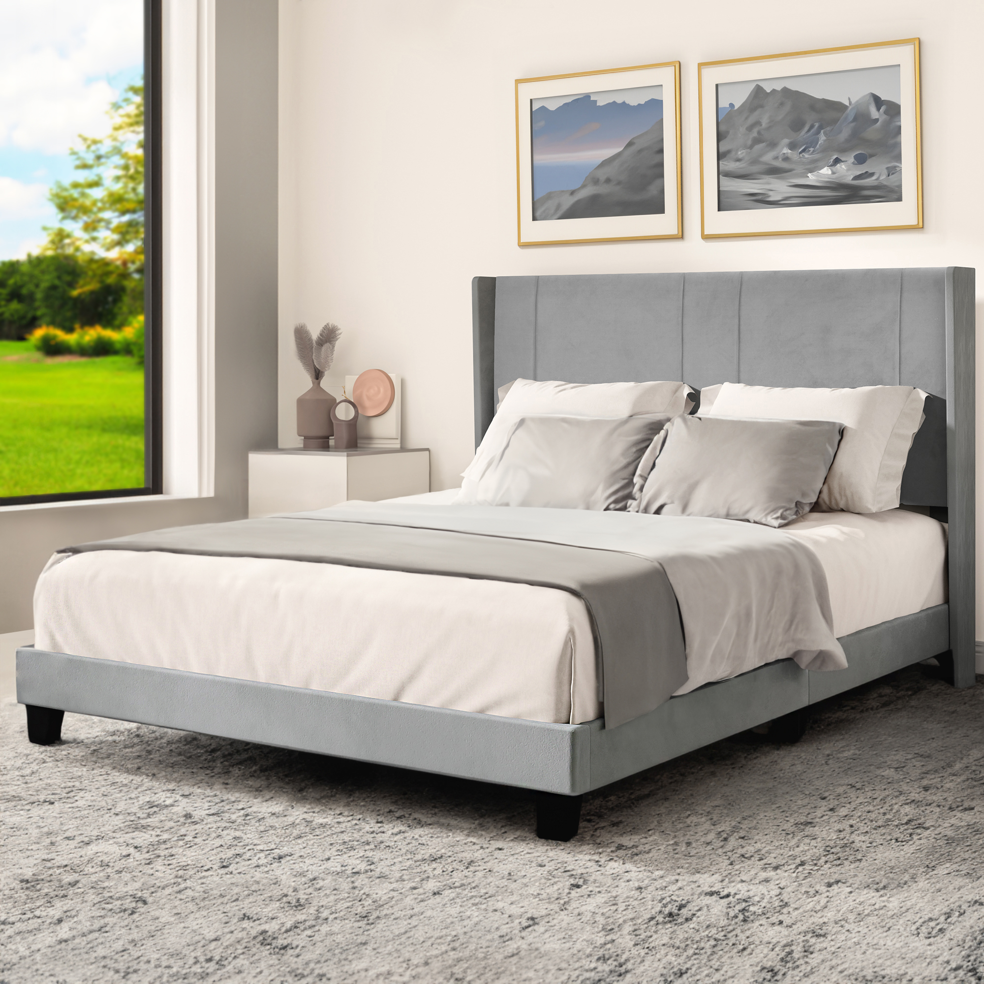 Rest Haven Tufted Wingback Upholstered Headboard, Queen, Gray