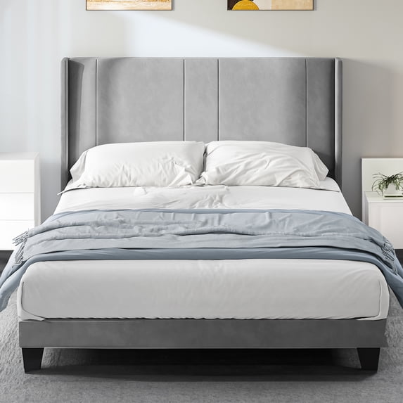 Dextrus Upholstered Wingback Platform Bed with Gray Velvet Headboard,No Box Spring Needed, Full