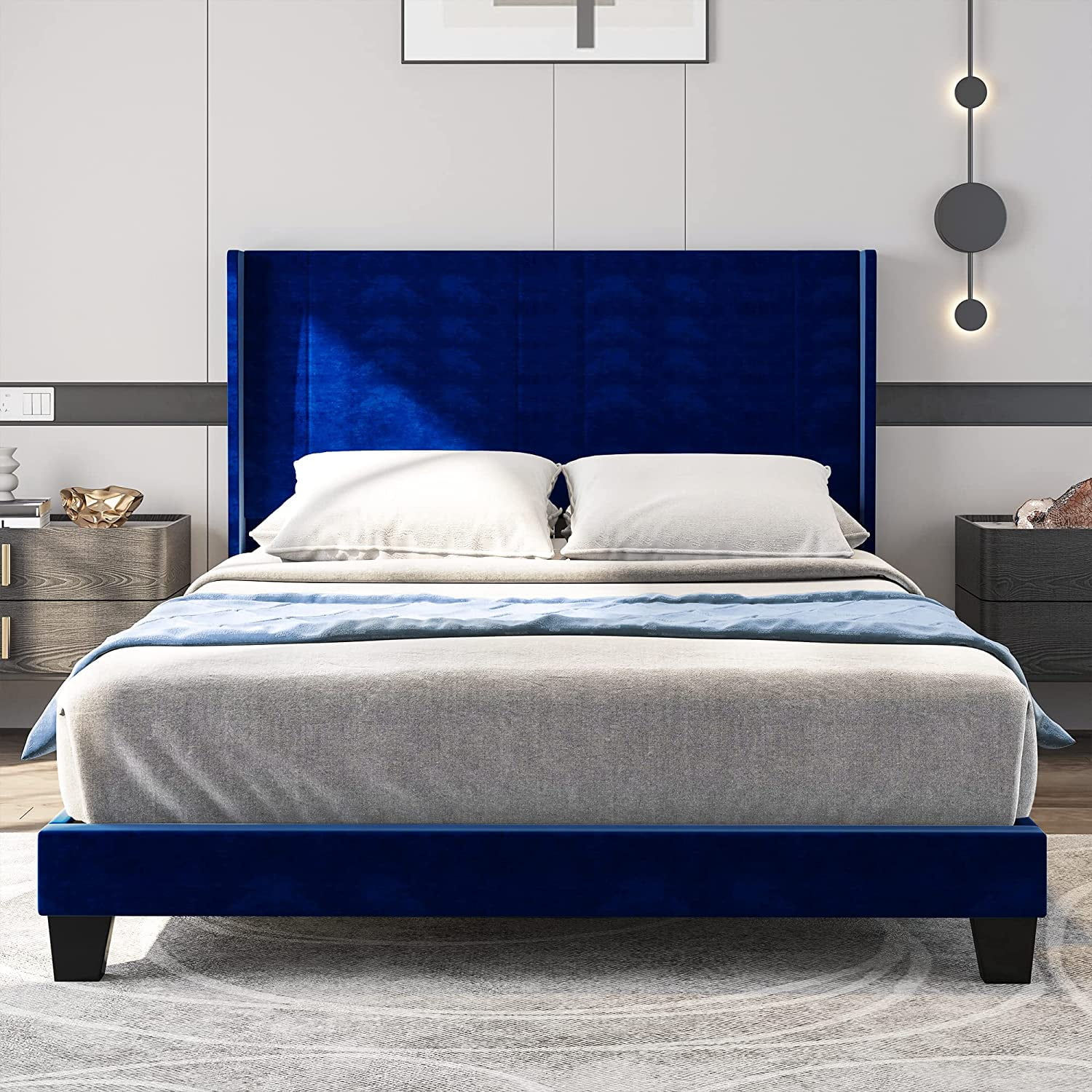 Dextrus Upholstered Wingback Platform Bed with Navy Blue Velvet Headboard(Full)