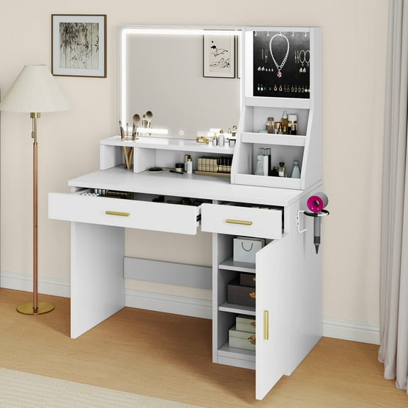 Dextrus Vanity Desk with Lighted Mirror and Power Outlet, Makeup Vanity Table with Jewelry Storage,Dressing Table with 2 Drawers & Hairdryer Holder, White