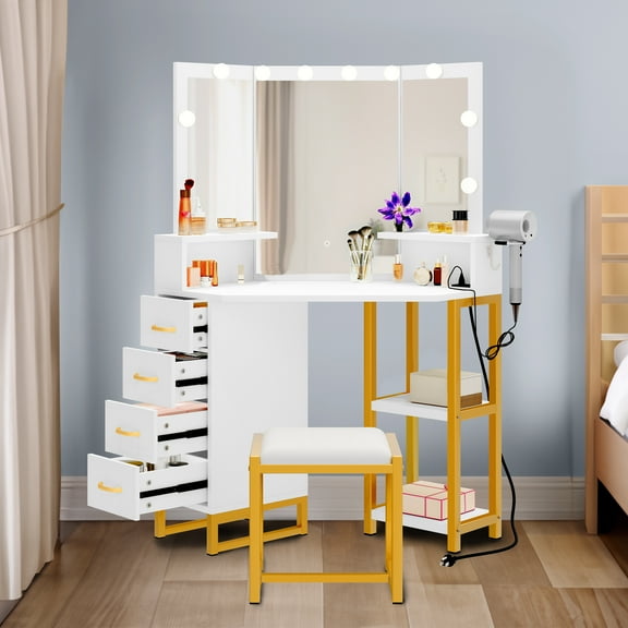 Dextrus Vanity Desk with Power Outlet and Lights, 3 Color Lighting Options, Adjustable Brightness, Corner Vanity Set with 4 Storage Drawers, Shelves and Stool for Women Girls, White