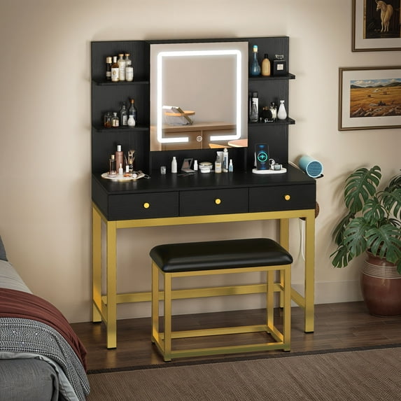 Dextrus Vanity Desk Set with Light Mirror & Power Outlet, Makeup Table with 3 Drawers, Adjustable Cabinet/Makeup Vanity Stool for Women, Girls - Black