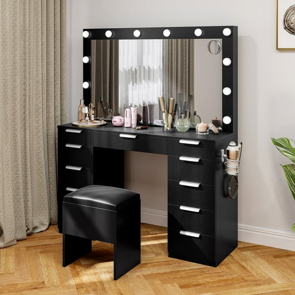 Dextrus Vanity Desk Set with Mirror, 3-Mode Lights, Charging Station, 11 Drawers, and Storage Bench