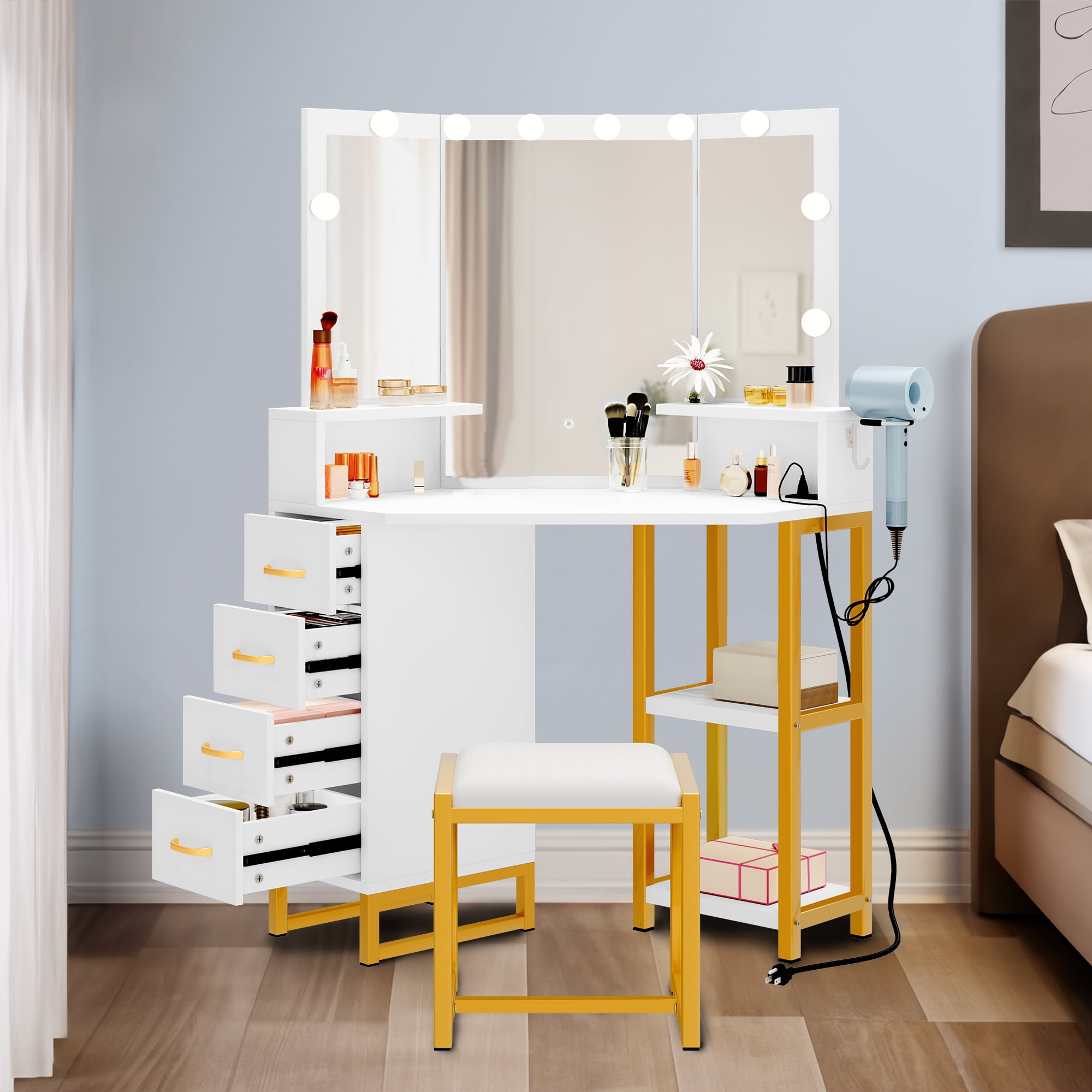 White and Gold Corner Vanity Desk with Tri-Fold Mirror and LED Lights