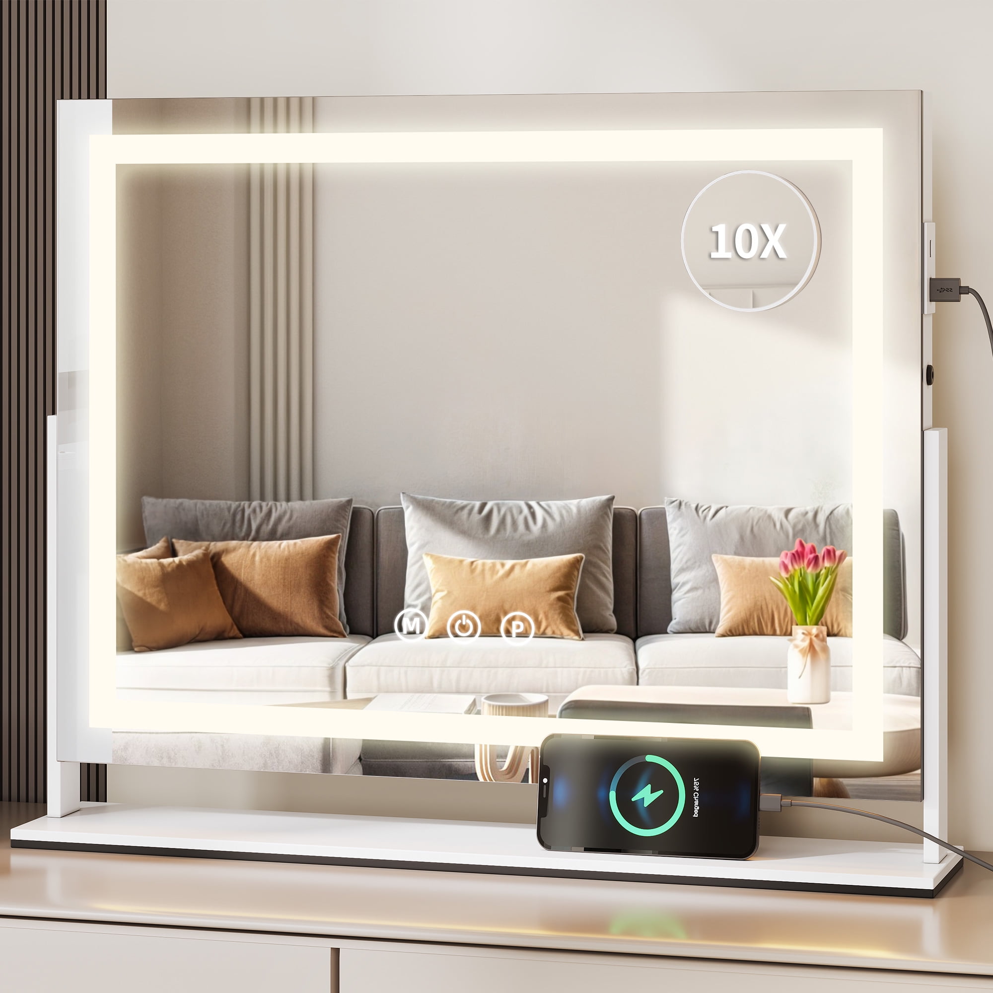 Dextrus Vanity Mirror with Lights, 24.6" x 22.8" LED Makeup Mirror with USB Ports & 10X Magnification, 3 Color Lights Touch Control, Tabletop or Wall Mount , 360°Rotation
