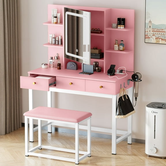 Dextrus Vanity Set with Mirror and Lights, Makeup Vanity Desk with Stool & Drawers for Girls, Pink