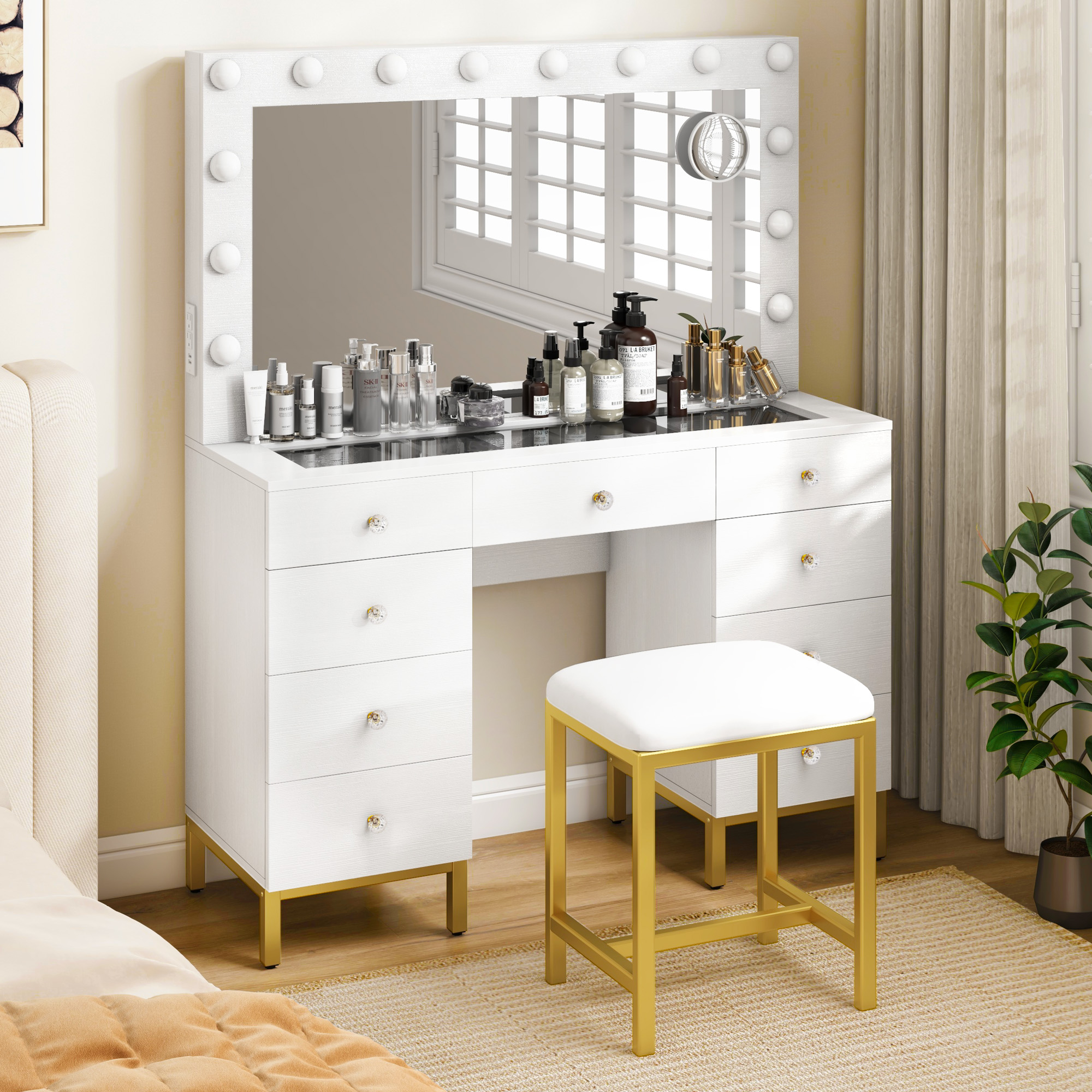 Dextrus Makeup Vanity Table with LED Lighted Mirror & Power Outlet ...
