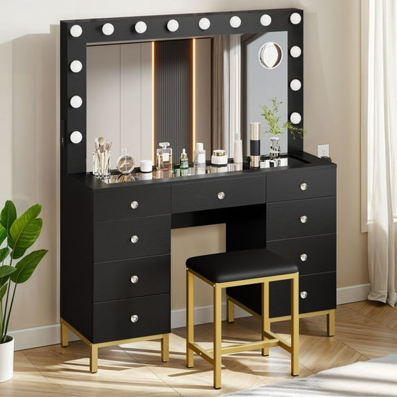 Dextrus Vanity Table Set with Lighted Mirror, 9 Drawers, Charging Station, and Stool