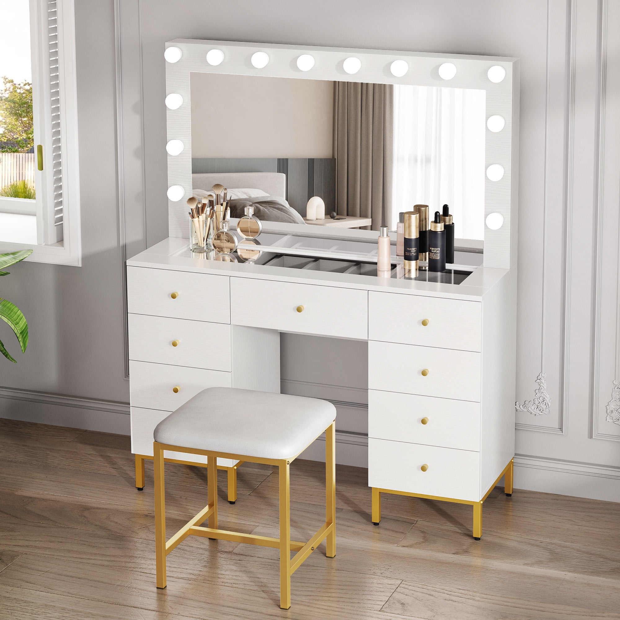 https://i5.walmartimages.com/seo/Dextrus-Vanity-Table-Set-3-Color-Lighted-Mirror-Charging-Station-Stool-Modern-Makeup-Dressing-9-Drawers-Bedroom-Gold-White-Desk-Women-Girls_9bfbb9f1-d40c-4b6c-9bd5-fe8cb0901398.2a4745baeeaa645db0dfd01e83d1b9e8.jpeg