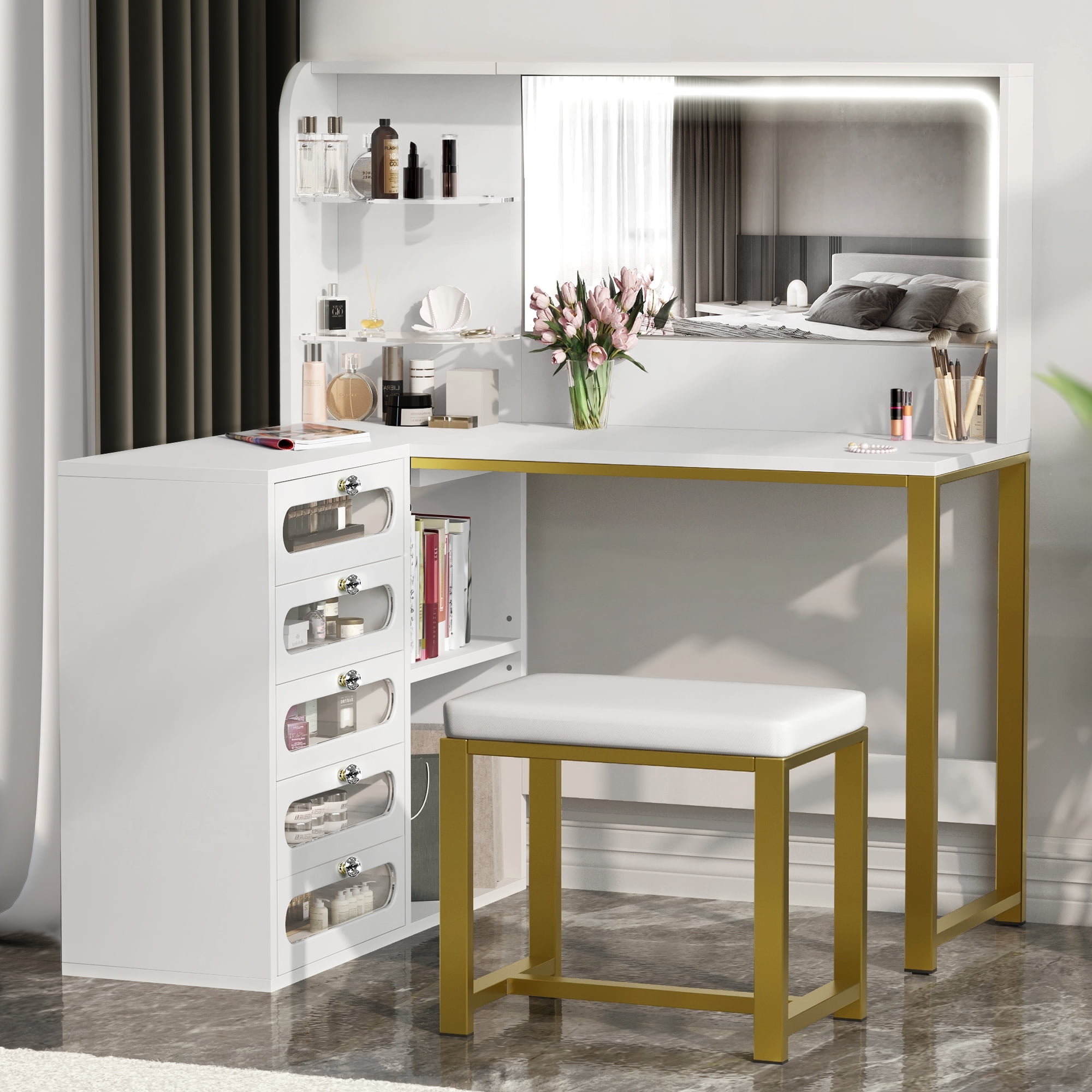 Dextrus Vanity Table Set with Mirror and LED Light, L Shaped Modern Makeup Vanity Dressing Table, 5 Visualized Drawers and Storage Shelves for Bedroom, Gold Corner Vanity Desk for Women Girls,White