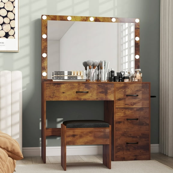 Dextrus Vintage Adults' Vanity Desk Set – LED Mirror, Stool, Power Outlet & Storage in Brown