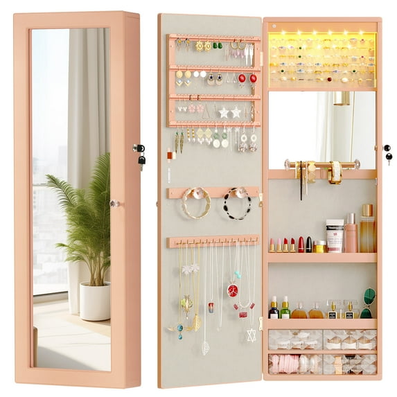 Dextrus Wall & Door Mounted LED Mirrored Jewelry Cabinet Storage Organizer with Full-Length Mirror Lockable - Pink
