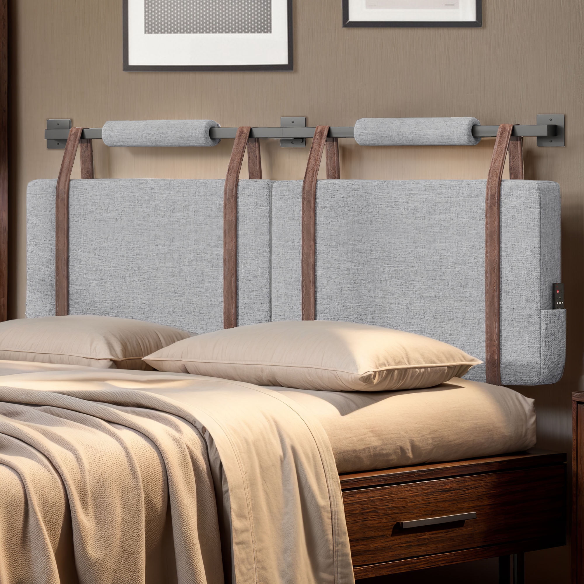 Dextrus Wall-Mounted Queen Upholstered Headboard, Linen Full Hanging Headboard with Side Pockets, Gray