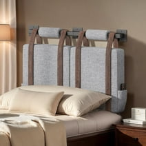 Dextrus Wall-Mounted Twin Upholstered Headboard, Linen Hanging Headboard with Side Pockets, Gray
