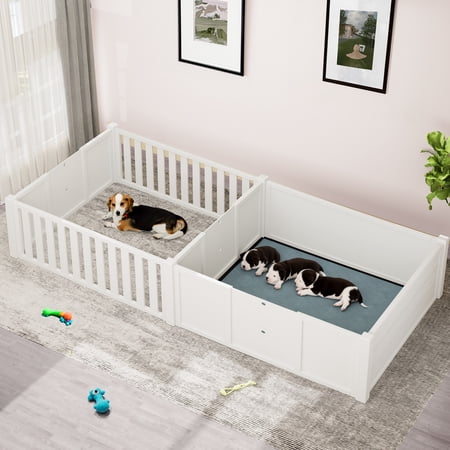 Dextrus Whelping Box for Dogs,Spacious Wooden Dog Pen with Waterproof Floor Mat, Double Rooms for Large, Medium and Small Dogs Puppies,78"L x 39.4"W x 17.7"H,White
