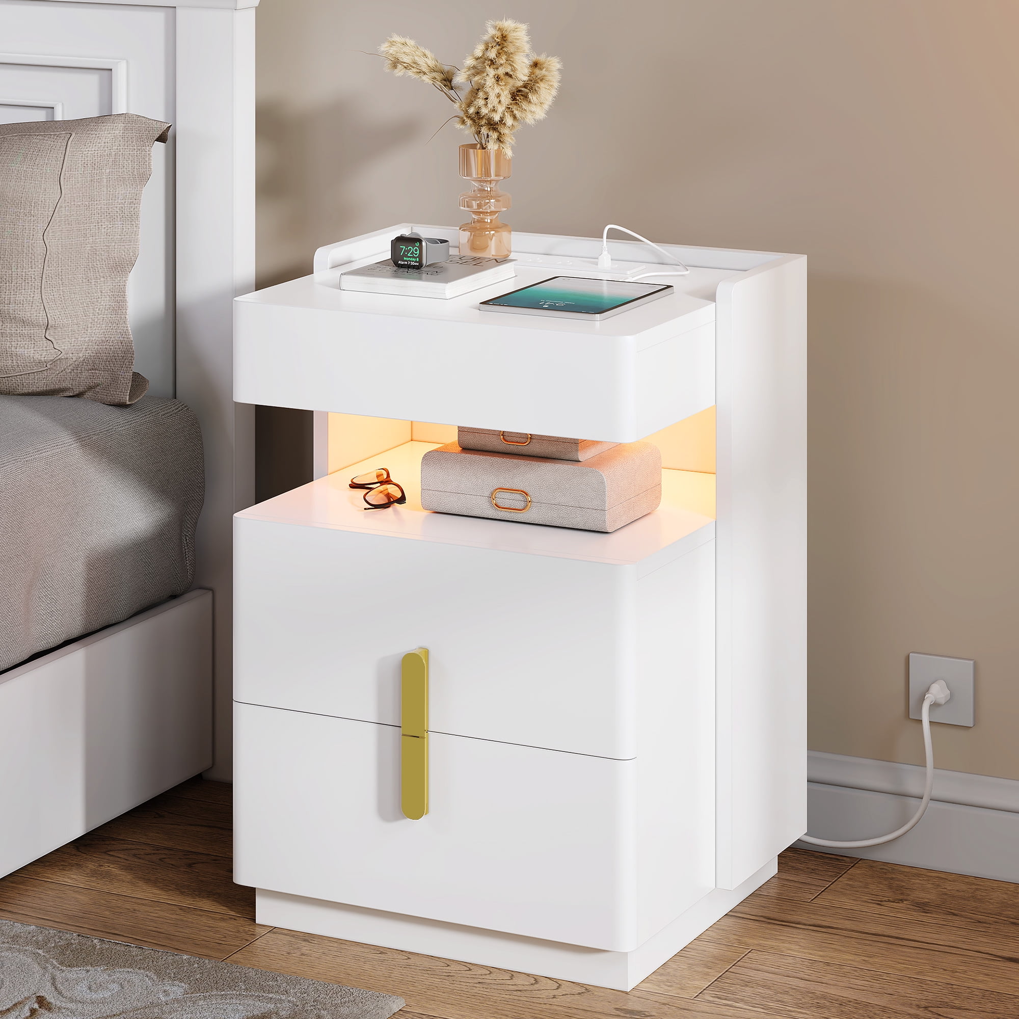 Dextrus White Nightstand with Charging Station, Modern LED Nightstand