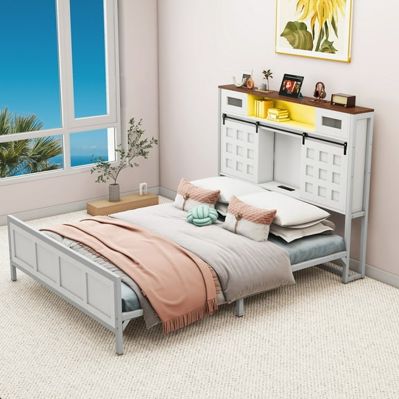 Dextrus White Rustic Queen Bed Frame with USB Charging Hub, 49.14" High Headboard Storage, Illuminated LED Panel, Sliding Barn-style Door, Wooden Platform Bed, Box Spring Not Required