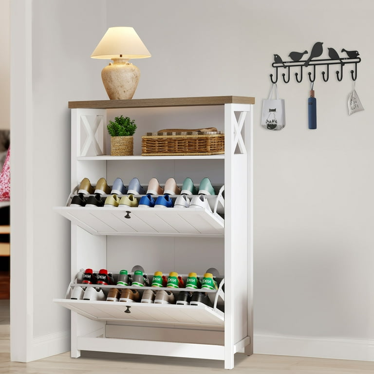 YITAHOME White Shoe Cabinet, Modern Entryway Shoe Rack, Tipping Bucket Shoe Storage Organizer with 2 Flip Drawers, 1Pcs