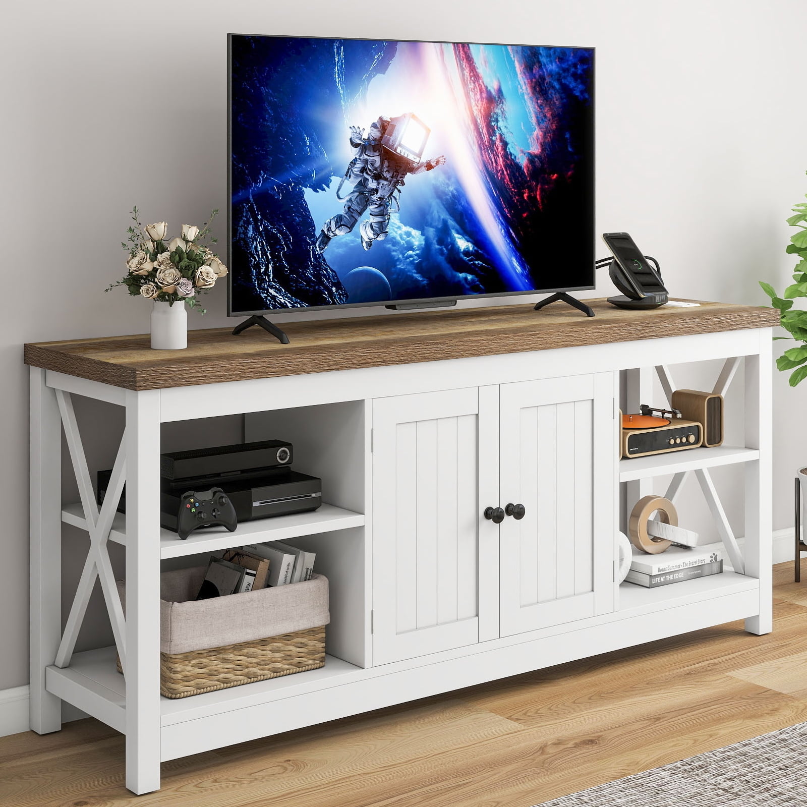 Dextrus White TV Stand Up to 65 Inches w Power Outlets Farmhouse Entertainment Center Cabinet with Storage for Living Room