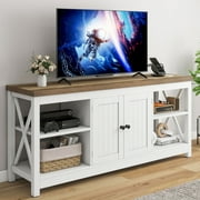 Dextrus White TV Stand up to 65 Inches w/Power Outlets, Farmhouse Entertainment Center Cabinet with Storage for Living Room
