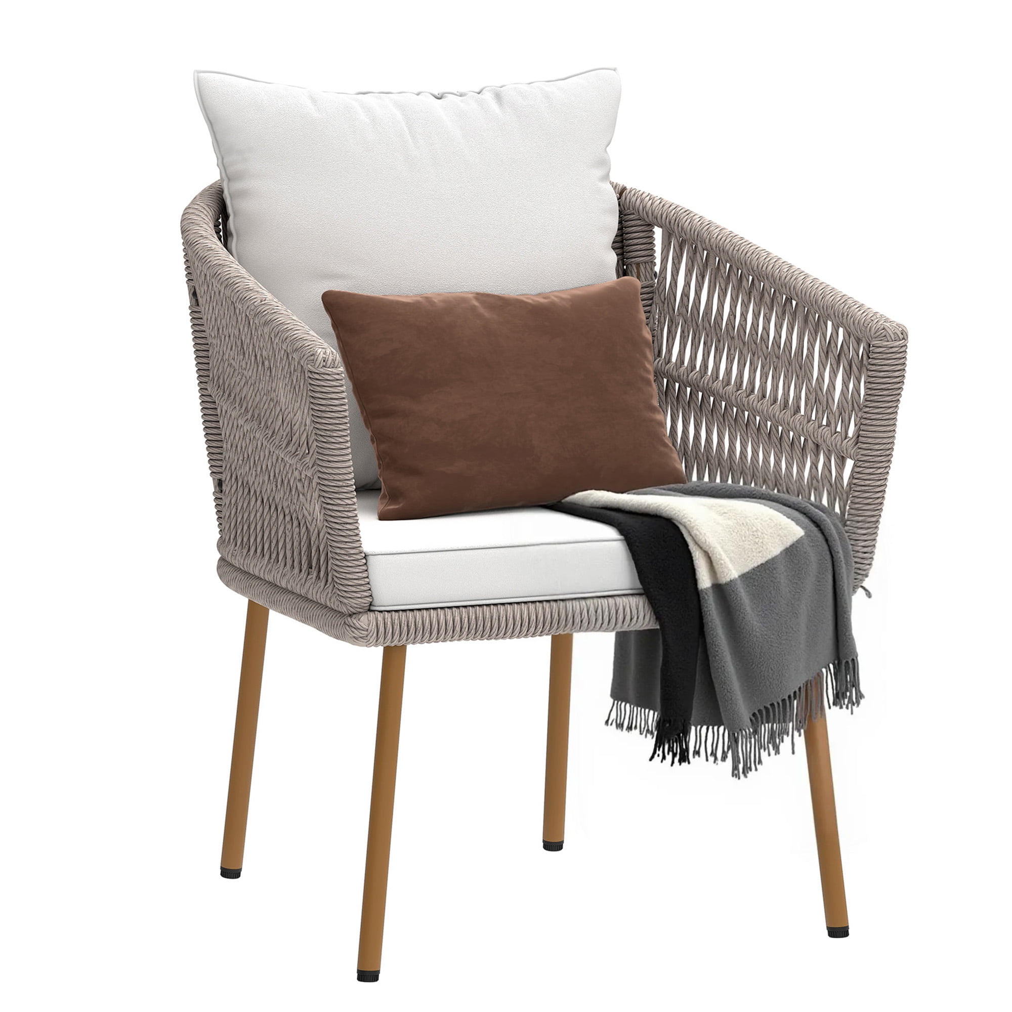Dextrus Wicker Armchair, Single Bistro All-Weather Wicker Patio Outdoor Dining Chair, Rattan Armchair Seating with Cushion - Beige