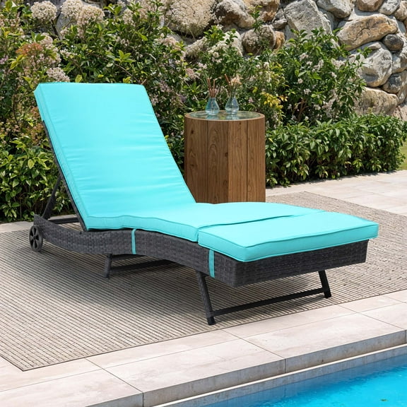 Dextrus Wicker Chaise Lounge Pool Chair, Outdoor 5 Position Backrest Cushioned for Beach Blue
