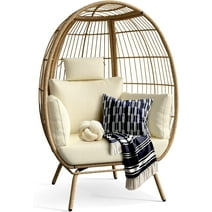 Dextrus Wicker Egg Chair Outdoor Indoor Oversized Lounger with Stand and Cushions Egg Basket Chair for Patio Backyard Porch - Beige