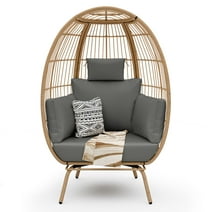 Dextrus Wicker Egg Chair Outdoor Indoor Oversized Lounger with Stand and Gray Cushions Egg Basket Chair for Patio Backyard Porch