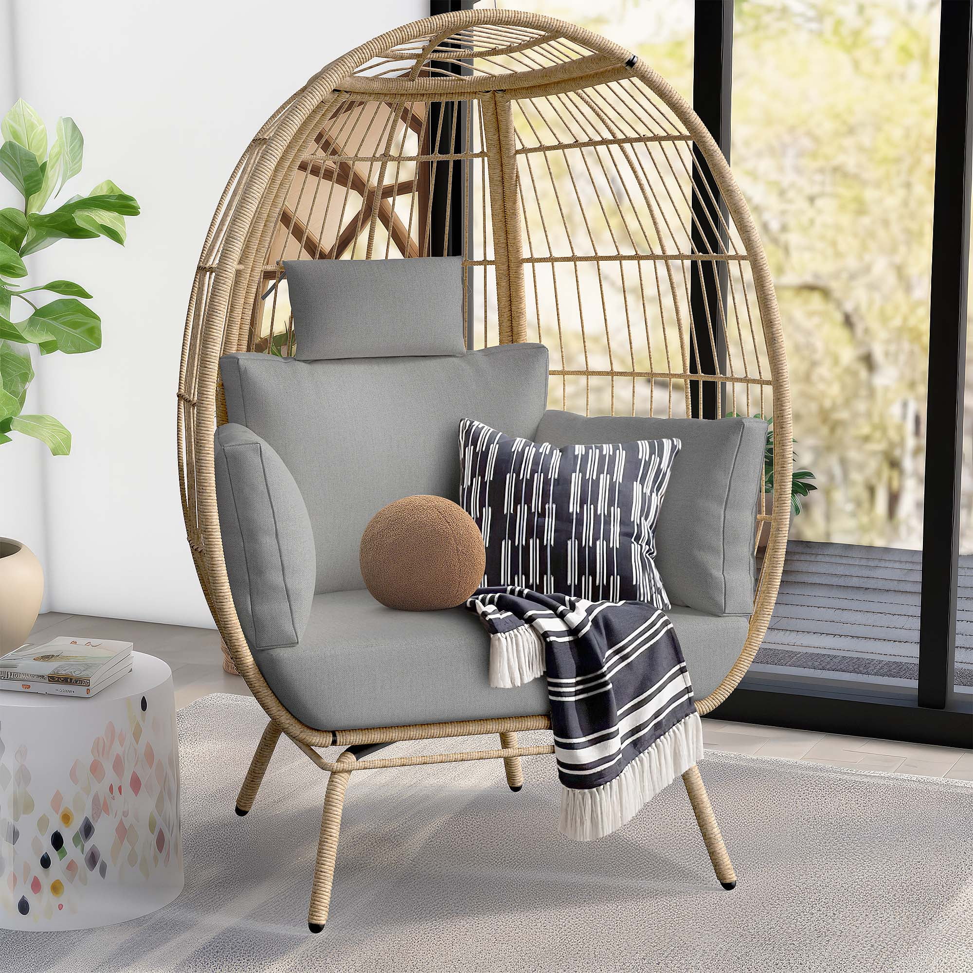 Dextrus Wicker Egg Chair Outdoor Indoor Oversized Lounger with Stand
