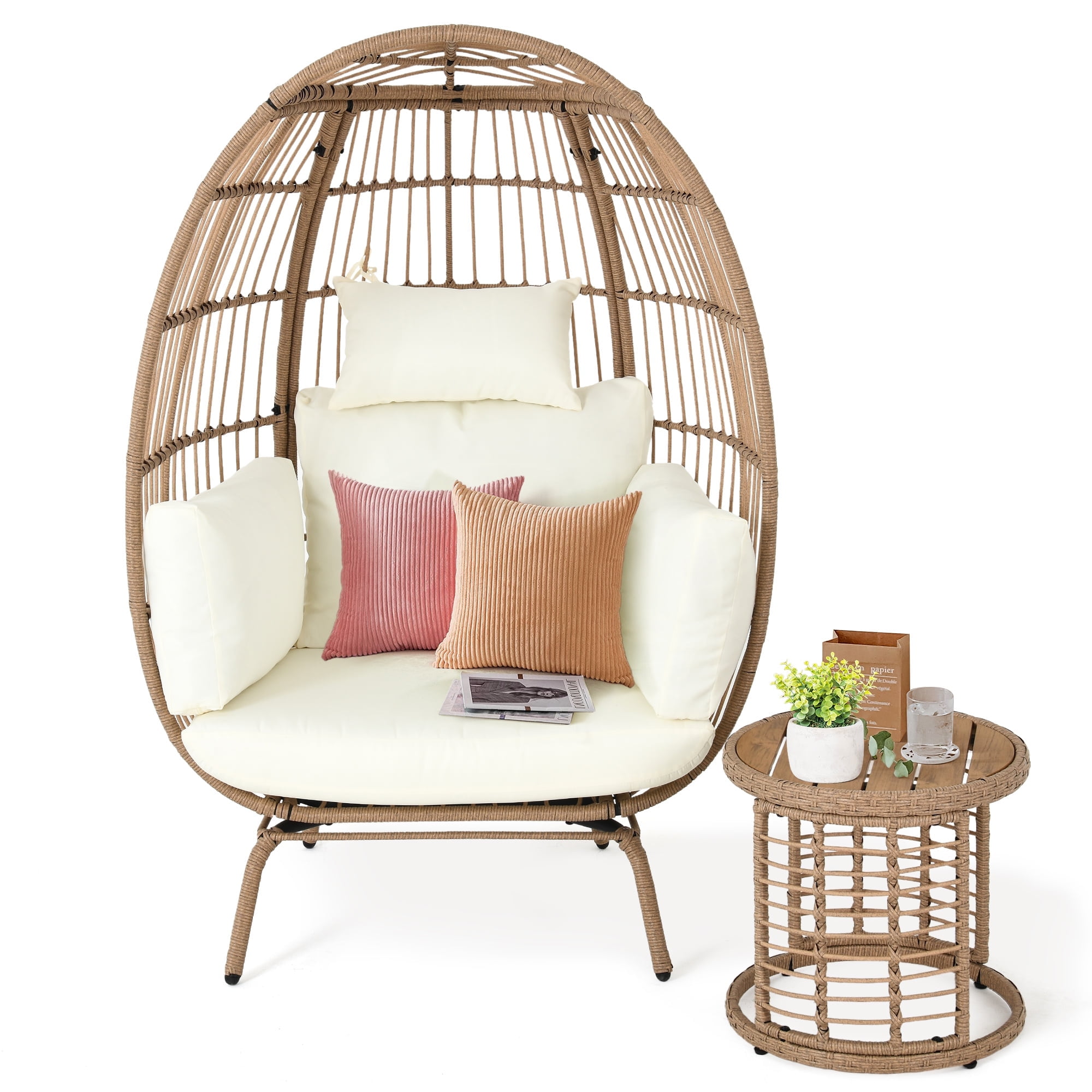 Dextrus Wicker Egg Chair with Coffee Table and Cushions Oversized Lounger Egg Basket Chair for Outdoor Indoor Beige
