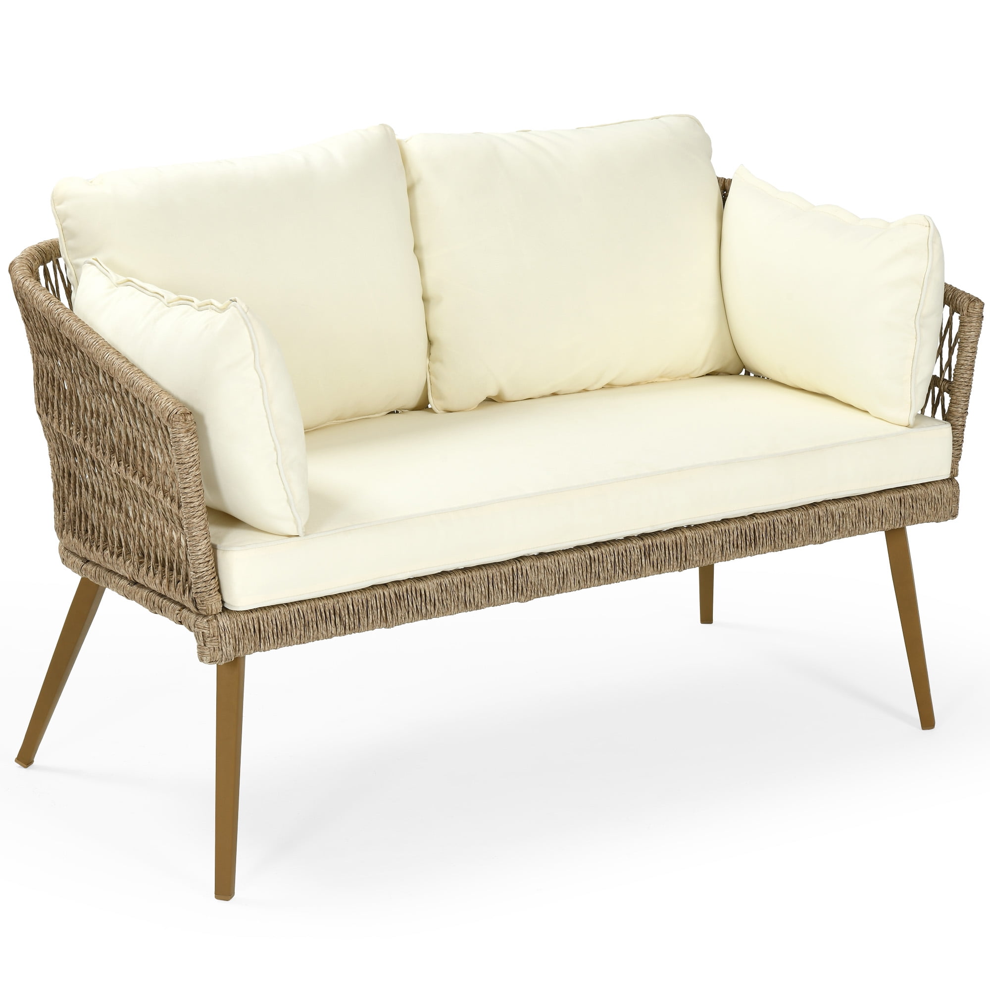 Dextrus Wicker Loveseat Sofa With Cushions & Lumbar Pillows, 2 Seats